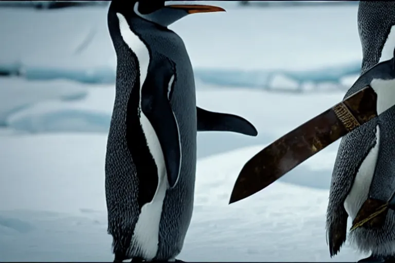 Image similar to movie scene closeup penguin wearing fishbone armor holding a katana sword in a lush arctic. by emmanuel lubezki