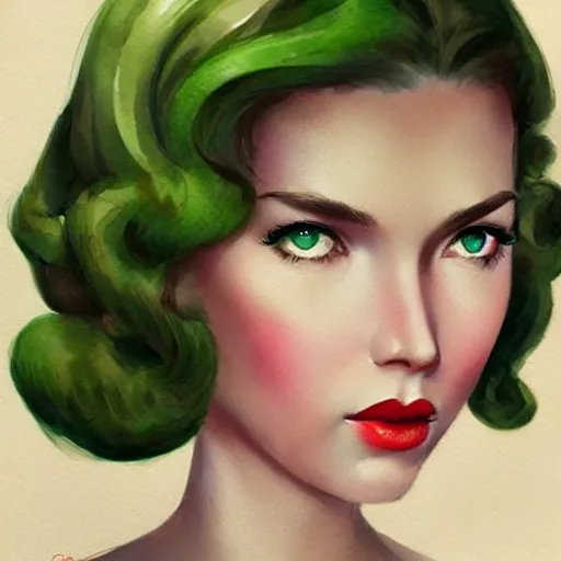 Image similar to 1940s style brunette haired girl, green eyes, artstation, watercolor, highly detailed, portrait, by Charlie bowater