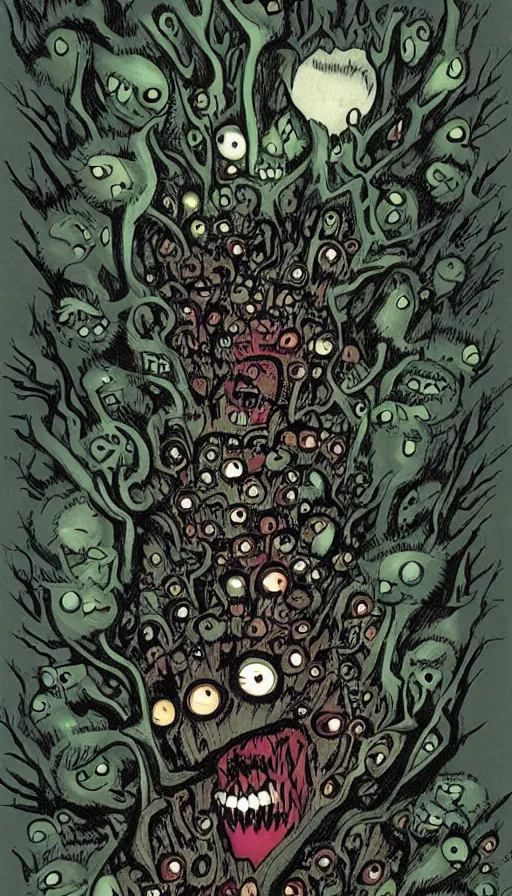 Image similar to a storm vortex made of many demonic eyes and teeth over a forest, by jhonen vasquez