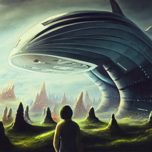 Image similar to thousands of people next to a big spaceship, fantasy art