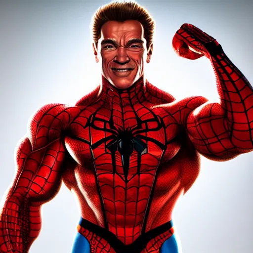 Image similar to Arnold Schwarzenegger as spiderman , muscle extremely detailed, fantastic details full face, mouth, trending on artstation, pixiv, cgsociety, hyperdetailed Unreal Engine 4k 8k ultra HD, WLOP