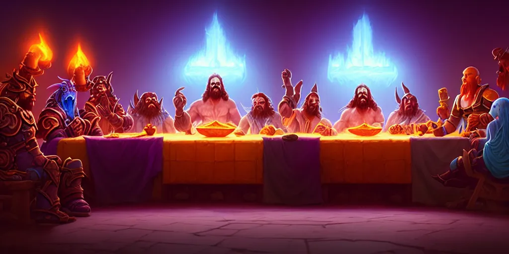 Image similar to world of warcraft last supper by beeple and greg rutkowski, digital painting, trending on artstation, sharp focus, 4 k