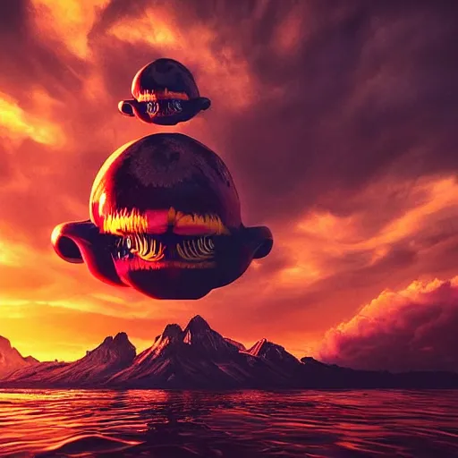 Prompt: “bird like human with many eyes and teeth flying over water with mountains in background and psychedelic skies, sunset, psychedelic art, 8k resolution, highly detailed, Octane render, golden hour”