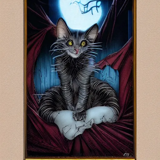 Image similar to vampire cat, inside a frame on a tiled wall, frontal picture, by yoichi hatakenaka, masamune shirow, josan gonzales and dan mumford, ayami kojima, takato yamamoto, karol bak