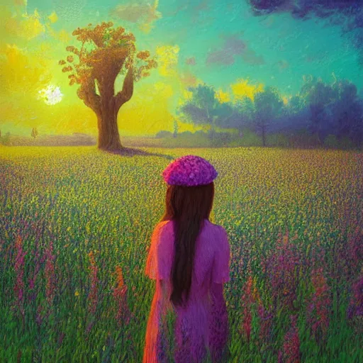 Prompt: gigantic flower face, girl standing in flower field, surreal photography, big trees, sunrise dramatic light, impressionist painting, colorful clouds, digital painting, pointillism, artstation, simon stalenhag