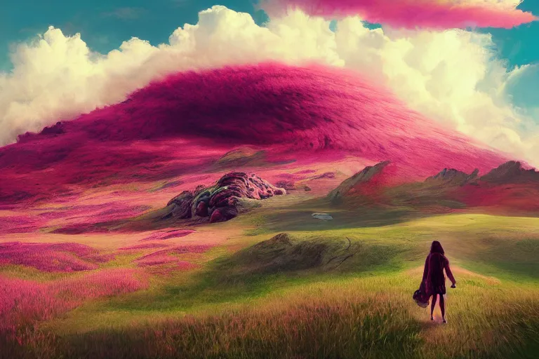 Prompt: giant dahlia flower as a head, girl walking on mountain, surreal photography, pink storm clouds, dramatic light, impressionist painting, digital painting, artstation, simon stalenhag