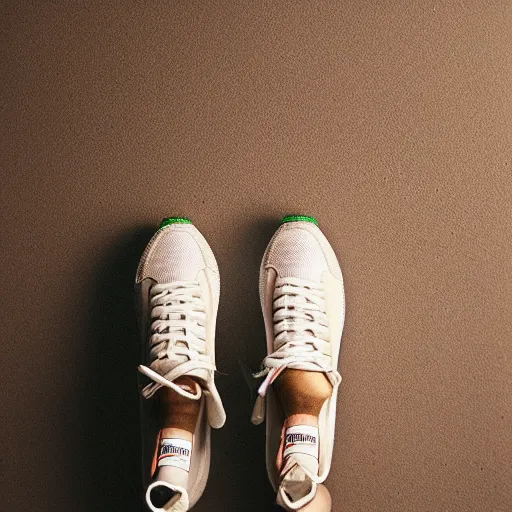 Image similar to a studio photoshoot of Nike sneakers designed by Tom Sachs, cream leather with knitted mesh material, gum rubber outsole, realistic, color film photography by Tlyer Mitchell, 35 mm, graflex