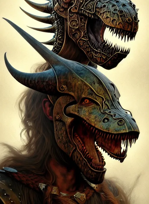 Image similar to viking berserker, dinosaur mask, diffuse lighting, fantasy, intricate, elegant, highly detailed, lifelike, photorealistic, digital painting, artstation, illustration, concept art, smooth, sharp focus, art by John Collier and Albert Aublet and Krenz Cushart and Artem Demura and Alphonse Mucha