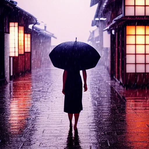 Image similar to a woman wearing a white dress walking on the wet street on a rainy night in kyoto by wes anderson and makoto shinkai. dramatic lighting. cel shading.
