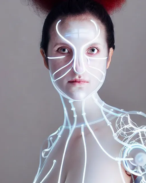 Image similar to portrait of a woman wearing a white translucent silicone mask and white red frizzy hair buns, wearing a silicone white bodysuit, white background, soft diffused light, biotechnology, kinetic sculpture, humanoide robot, translucent, intricate details, highly detailed, highly complex masterpiece