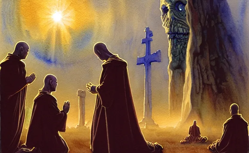 Image similar to a hyperrealist watercolour character concept art portrait of a group of catholic european monks kneeling down in prayer to a tall elegant lovecraftian alien on a misty night in stone henge. a battlecruiser starship is in the background. by rebecca guay, michael kaluta, charles vess and jean moebius giraud