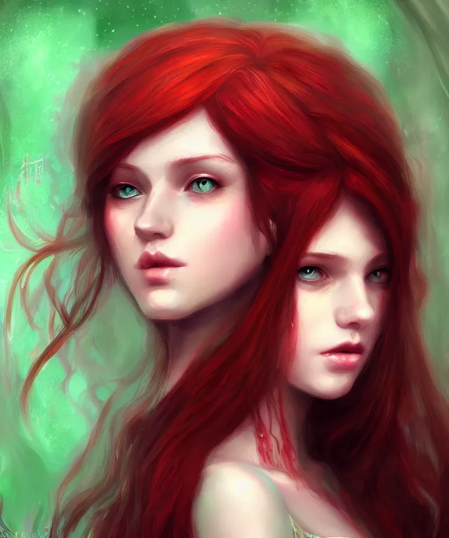 Image similar to Fae teenage girl, portrait, face, long red hair, green highlights, fantasy, intricate, elegant, highly detailed, digital painting, concept art, smooth