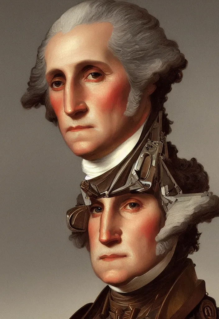 Prompt: a portrait of george washington with cybernetic upgrades to half of his face, intricate, war torn, highly detailed, digital painting, one eye human one eye robotic, artstation, concept art, smooth, sharp focus, illustration, art by artgerm and greg rutkowski and alphonse mucha and william - adolphe bouguereau