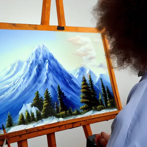 Prompt: a closeup photorealistic photograph of bob ross working on a canvas painting of marilyn manson. mountain scape. happy trees. film still. brightly lit scene. this 4 k hd image is trending on artstation, featured on behance, well - rendered, extra crisp, features intricate detail, epic composition and the style of unreal engine.
