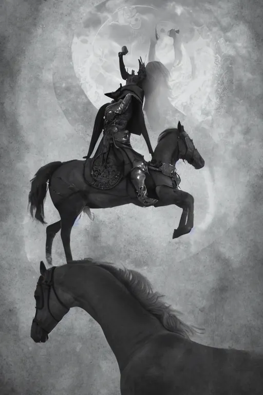 Prompt: self - transforming machine - elf riding horse and holding chalice in the style of nordic noir television, dmt fractal, moody photography, grayscale, double exposure, knight of cups, etteilla tarot