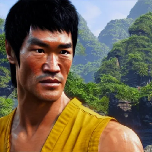 Image similar to a screenshot of bruce lee in uncharted 4. 3 d rendering. unreal engine. amazing likeness. very detailed. cartoon caricature