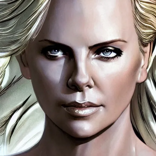 Prompt: charlize theron as emma frost, symmetrical facial features, 8 k intricate detail, detailed face, beautiful, golden ratio, art by pepe larraz, radiosity rendering,