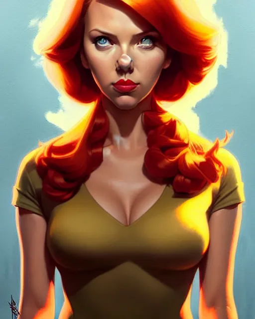 Image similar to peter mohrbacher, phil noto, artgerm, pretty scarlett johansson as april o'neil, symmetrical eyes, short red hair