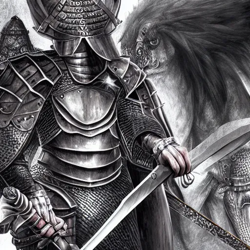 Prompt: a knight with a large sword, digital painting masterpiece by kentaro miura, hyper detailed, realism, gorgeous, beautiful, 4 k manga wallpaper, inspired by berserk