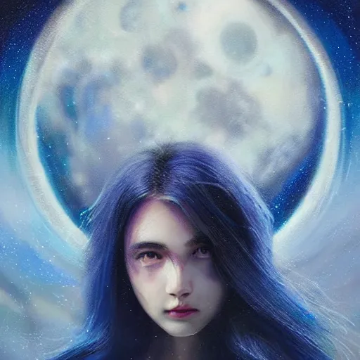 Prompt: 3 d, sci - fi, night, moon, smiling fashion model face, moon rays, cinematic, clouds, vogue cover style, blue mood, realistic painting, intricate oil painting, high detail illustration, figurative art, multiple exposure, poster art, 3 d, by tooth wu and wlop and beeple and greg rutkowski