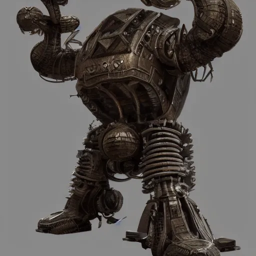 Prompt: a Steam powered mechanical golem, forward facing angle, character design, stunning 3d render , art by Tooth Wu and riot studios, 8k octane beautifully detailed render, post-processing, extremely hyperdetailed, intricate complexity, masterpiece, zbrush, hard surface modelling, trending on artstation