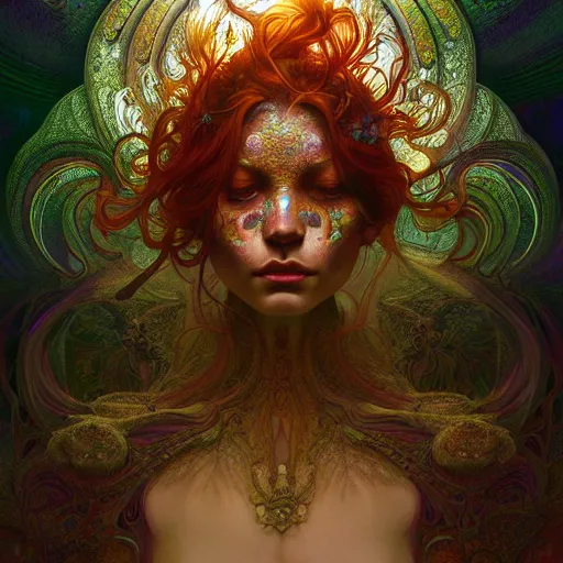 Image similar to An extremely psychedelic experience, surreal, dramatic lighting, magic mushrooms, psilocybin, LSD, face, detailed, intricate, elegant, highly detailed, digital painting, artstation, concept art, smooth, sharp focus, illustration, art by Krenz Cushart and Artem Demura and alphonse mucha