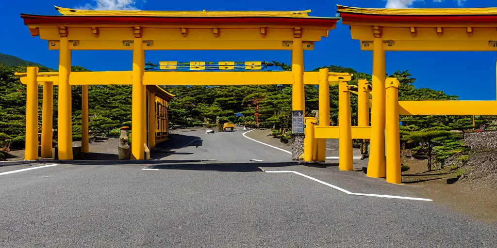 Image similar to Yellow school bus, driving towards a red japanese Torii gate at Mount Fuji location in Japan, ray tracing