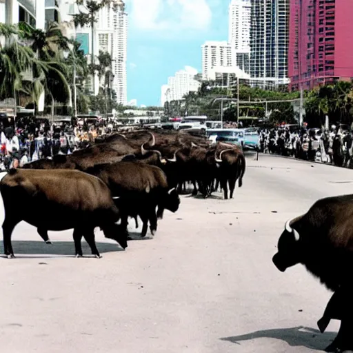 Image similar to one thousand buffaloes in the street, miami, miami vice