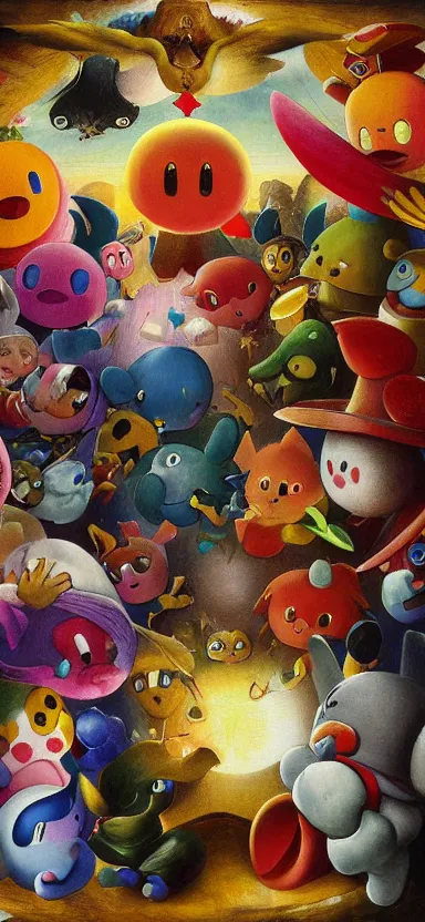 Image similar to detailed digital oil painting by hieronymus bosch of a scene from kirby star allies