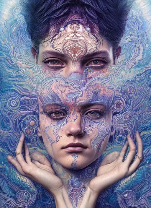 Prompt: hyper detailed masterpiece, psychedelic face tattoo pattern, jean giraud, digital art painting, dream wave aesthetic, ethereal, artgerm, donato giancola, tom bagshaw