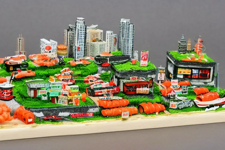 Prompt: miniature town made of sushi, diorama picture, 5 5 mm, sushitown