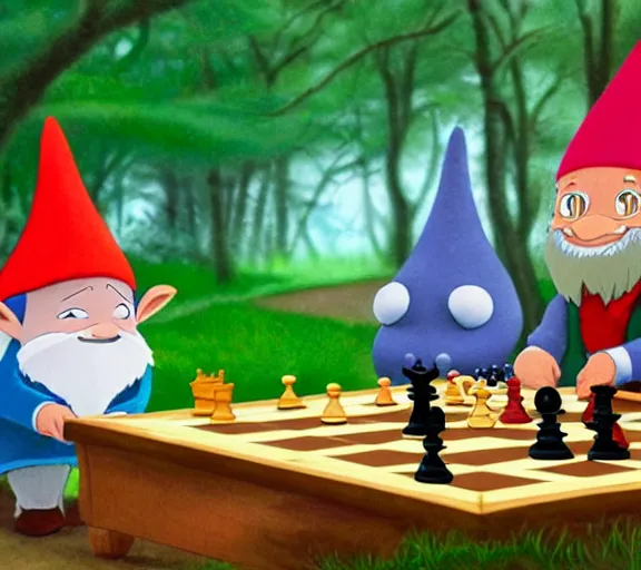 Prompt: two gnomes playing chess in a forest, cute, colourful, detailed, high quality, pastel colours, brushed, 4 k, by studio disney and studio ghibli and maurice sendak and richard scarry