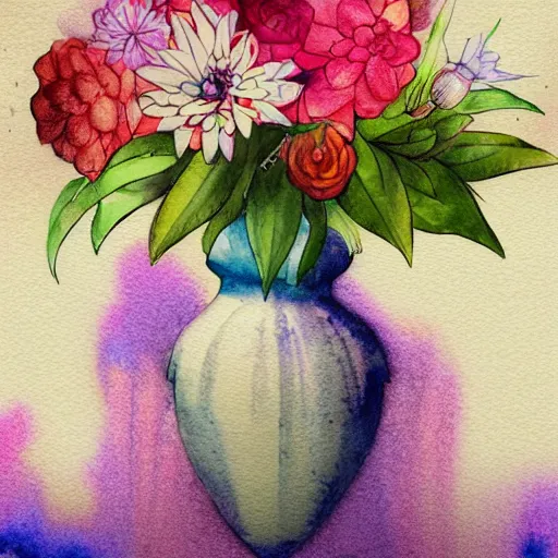 Image similar to a porcelain vase with a colorful and beautiful flower arrangement. very stylize and delicate watercolor and pencil drawing. long shotbeautiful lighting, 4 k post - processing, trending in art station, cg society, highly detailed, 5 k extremely detailed