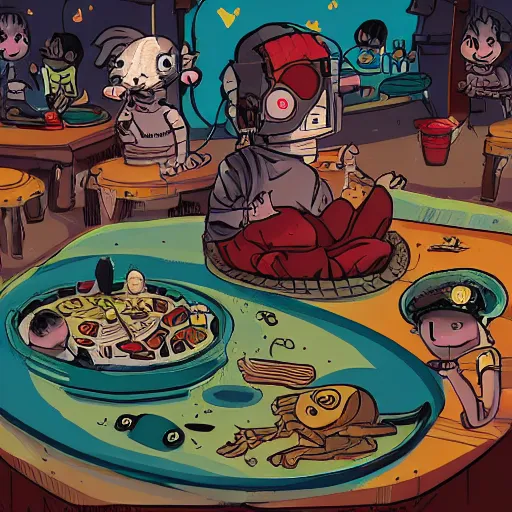 Prompt: a cyberpunk peasant eating valencian paella surrounded by adorable aliens and creepy otters on a football pitch