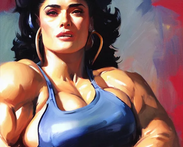 Image similar to greg manchess portrait painting of smug salma hayek as beautiful thick female bodybuilder zarya from overwatch, medium shot, asymmetrical, profile picture, organic painting, sunny day, matte painting, bold shapes, hard edges, street art, trending on artstation, by huang guangjian and gil elvgren and sachin teng