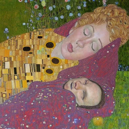 Prompt: a pair of golden lovers lying in a garden in the style of gustav klimt