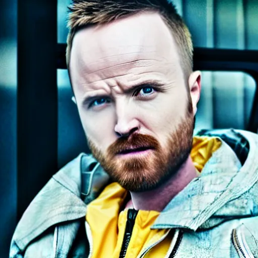 Image similar to Live Action Still of Aaron Paul dressed as and playing Walter White in Breaking Bad, real life, hyperrealistic, ultra realistic, realistic, highly detailed, epic, HD quality, 8k resolution, body and headshot, film still