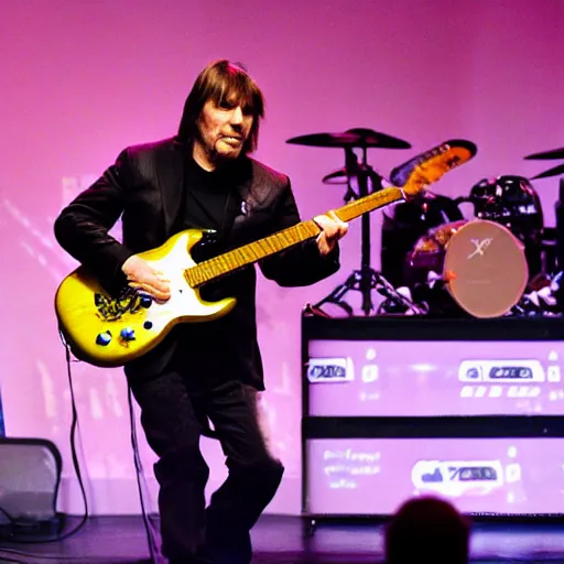 Prompt: dr brian cox thrashing his electric guitar on stage