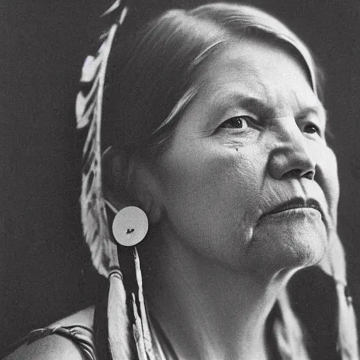 Image similar to elizabeth warren as native american chief, old photograph, sepia, highly detailed,