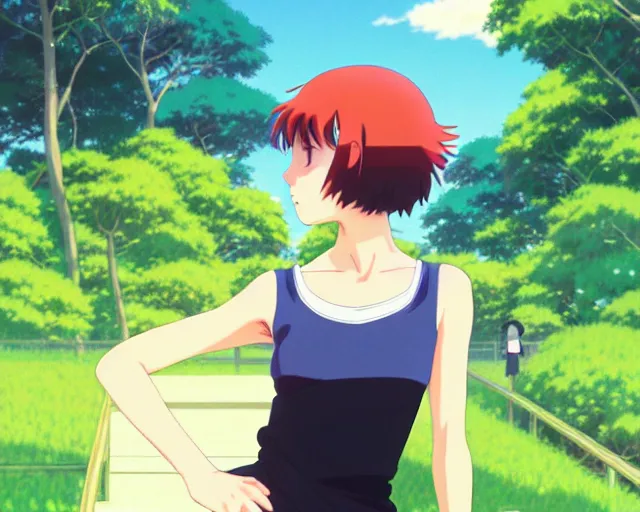 Image similar to hinata hyuga, park in background, bokeh. anime masterpiece by Studio Ghibli. illustration, sharp high-quality anime illustration in style of Ghibli, Ilya Kuvshinov, Artgerm