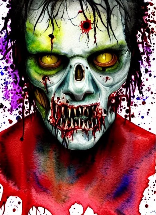 Image similar to zombie hollywood professional acting headshot, hyperrealism, intricate detailed, studio lighting, charming expression gesicht, watercolor art, drawn and painted, colored layers, dulled contrast, painterly