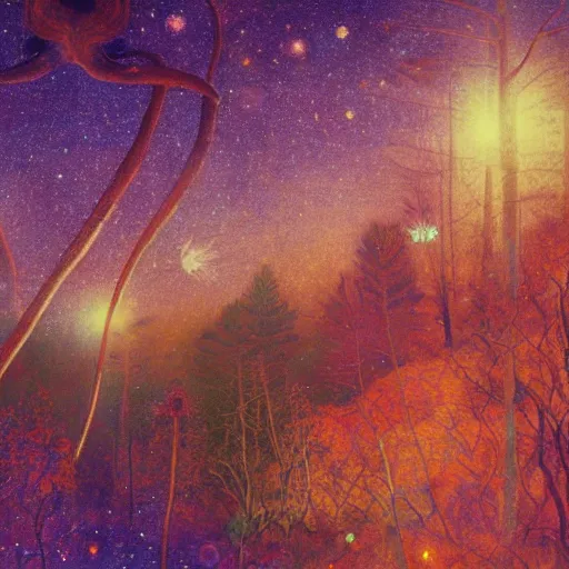 Image similar to psychedelic lush pine forest, outer space, milky way, amber eyes cat eyes designed by arnold bocklin, jules bastien - lepage, tarsila do amaral, wayne barlowe and gustave baumann, cheval michael, trending on artstation, star, sharp focus, colorful refracted sparkles and lines, soft light, 8 k 4 k