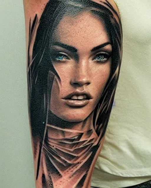 Image similar to creative double exposure effect tattoo design sketch of megan fox faded in beautiful mountain scenery, realism tattoo, in the style of matteo pasqualin, amazing detail, sharp