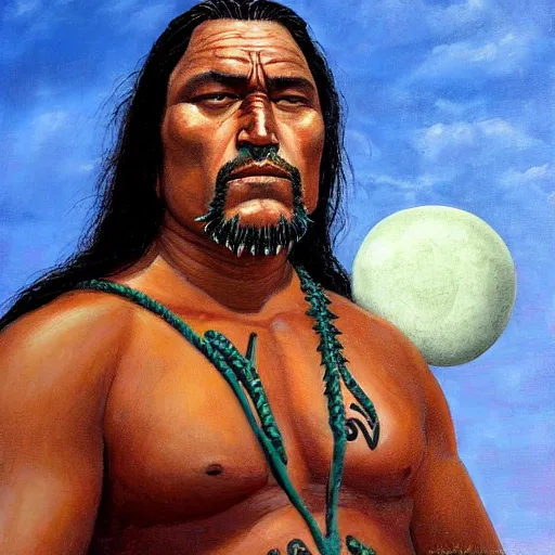 Prompt: Te Aho, Maori warrior pondering his Orb by Todd Lockwood