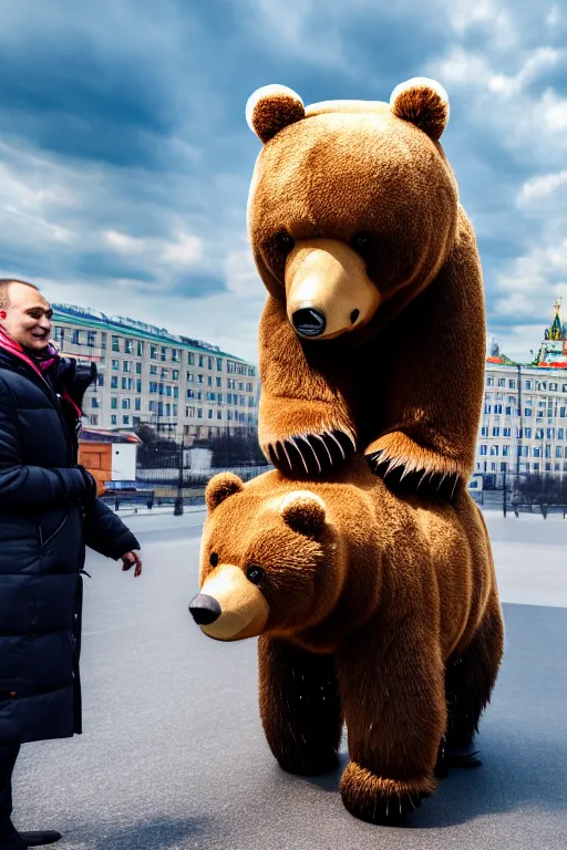 Prompt: a picture of putin ride robotic bear in moscow. - photorealistic, pullitzer winning, taken with canon eos 5 d mark iv, versatile, lens interoperability, autofocus, 4 k uhd video capture at 3 0 fps, 8 k time - lapse functions, by karah mew, jodie bateman