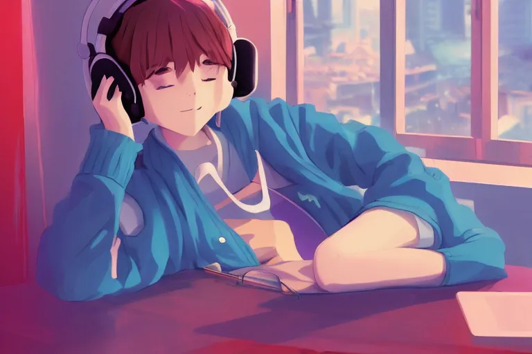 Prompt: lo - fi anime girl, wearing a blue cardigan and red aesthetic lo - fi headphones, studying in a brightly lit room, a lamp hovers above as it illuminates the room, illustrated by juan pablo machado, nighttime!!!!!!, cgsociety contest winner, artstation, golden ratio, dim lighting, studio ghibli!!!, 4 k