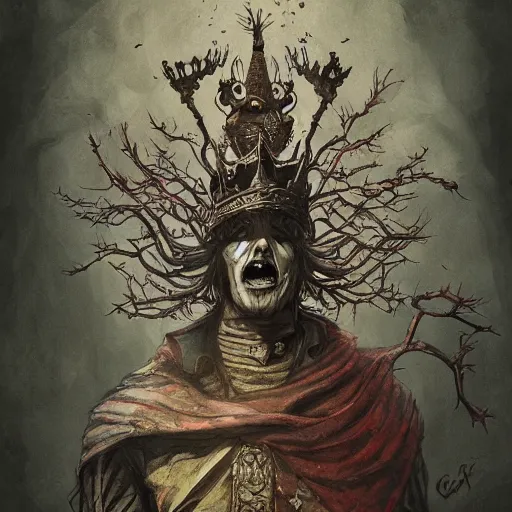 Image similar to King of Fools, With a Jesters crown, Wings lift him up, Roots hold him down, detailed intricate ink illustration, dark atmosphere, detailed illustration, hd, 4k, digital art, overdetailed art, concept art, by greg rutkowski, by loish, complementing colors, Trending on artstation, deviantart