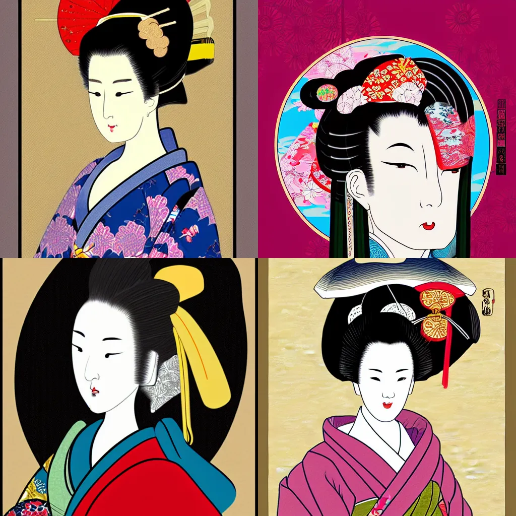 Prompt: digital painting of a beautiful geisha in the style of ukiyo - e art