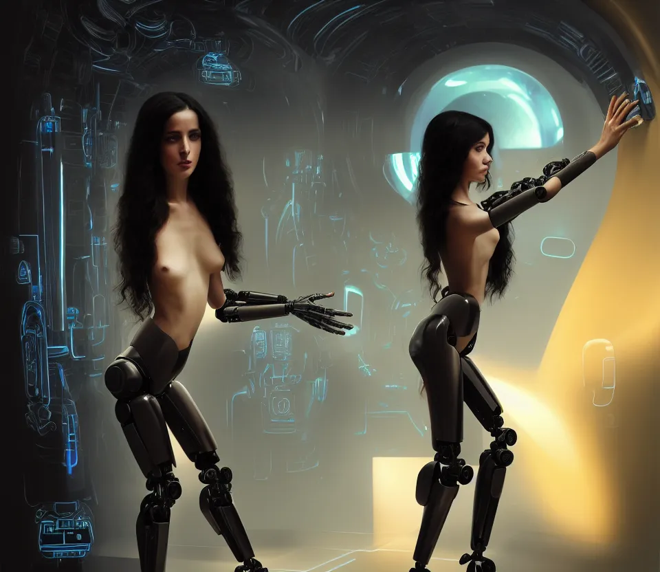 Prompt: beauty young spanish woman with long black hair with futuristic robotic arms, interacting withholograms of alien artifacts, electrical case display, Total Recall tech, ultrarealistic, dramatic lighting, electrical details, high details, 4k, 8k, best, accurate, trending on artstation, artstation, photorealism, ultrarealistic, digital painting, style of Peter Mohrbacher, Caravaggio, Hajime Sorayama and Boris Vallejo