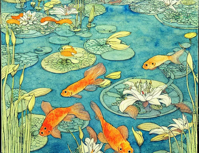Image similar to single goldfish swimming in a pond full of lily pads seen from above, art by walter crane and kay nielsen, beautiful composition, interesting color scheme and intricate details, watercolor art